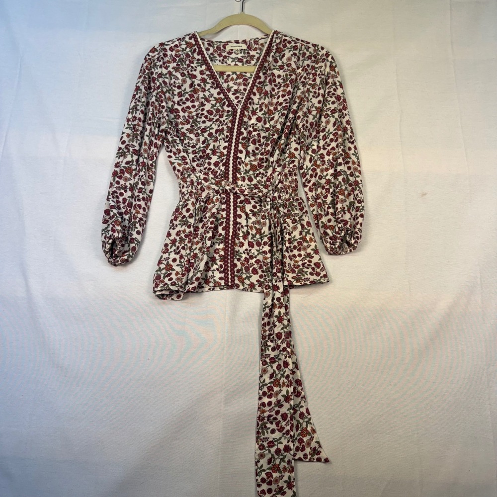 Max Studio Womens Floral V-Neck Smocked Waist Tie Blouse Burgundy Cream A709C79A